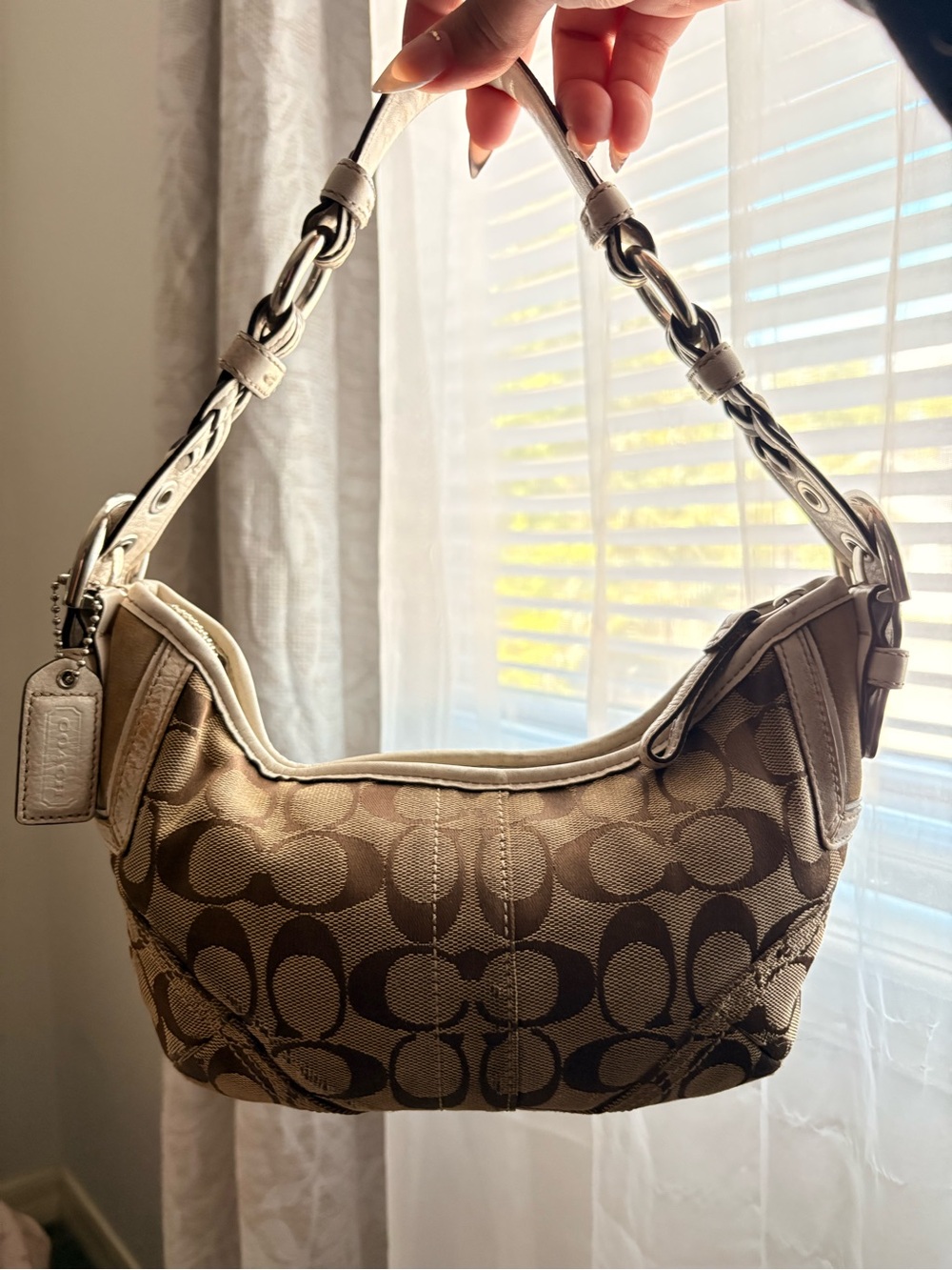 Coach Brown Signature Jacquard Shoulder Bag with Cream Trim